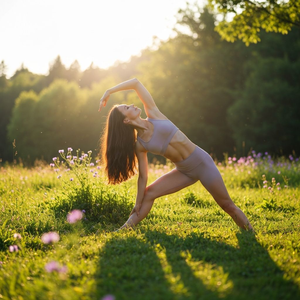 Person gracefully stretching in serene natural landscape