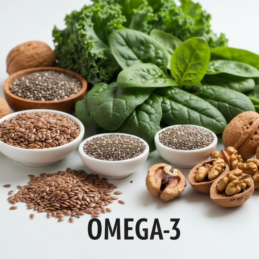 Plant-based omega-3 sources including flaxseeds, chia seeds, leafy greens